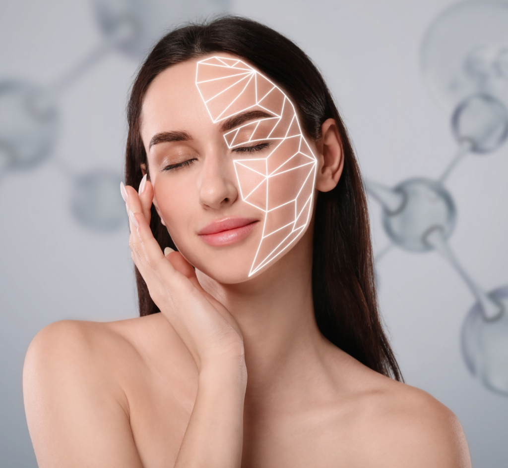 Beautiful Woman and Collagen Molecules on Grey Background