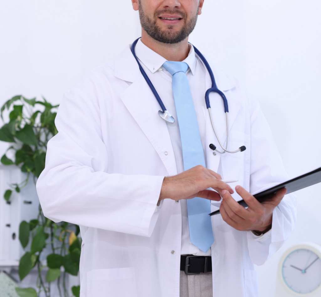 Pediatrician with Stethoscope and Clipboard in Hospital, Closeup