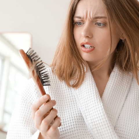 Worried Young Woman with Hair Loss Problem and Brush in Bathroom